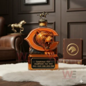 A bottle shaped with a fierce bear head and team emblem positioned on a fluffy rug inside a classic study room!