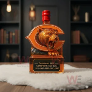 Chicago Bears Champions Custom Whiskey Bottle 5 A sculpted bear emblem bottle placed on a soft rug within a cozy library style space!