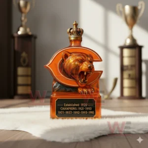 Chicago Bears Champions Custom Whiskey Bottle 6 A bear themed bottle set on a fluffy rug with large trophies standing in the background!