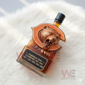 Chicago Bears Champions Custom Whiskey Bottle 7 A sculpted bear themed bottle resting on a soft white surface in a sunlit room!