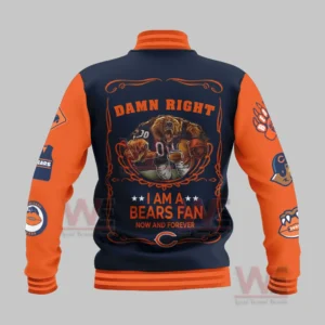 Chicago Bears Damn Right I am A Bears Fan Custom Baseball Jacket 5 A detailed back view of a Chicago Bears jacket featuring dramatic bear artwork and expressive fan centric typography.