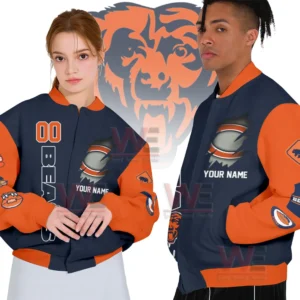 Chicago Bears Damn Right I am A Bears Fan Custom Baseball Jacket 6 Two models dressed in personalized Chicago Bears jackets that highlight the team logo and decorative patches throughout the design.