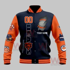 Chicago Bears Damn Right I am A Bears Fan Custom Baseball Jacket 7 A navy and orange Chicago Bears jacket with a torn effect logo design on the chest and multiple team patches on the sleeves.