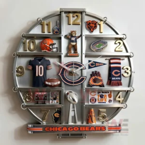 Chicago Bears Home Decorative 3D Wall Clock 6 Close up Chicago Bears wall clock showing team memorabilia football symbols and bold decorative design!