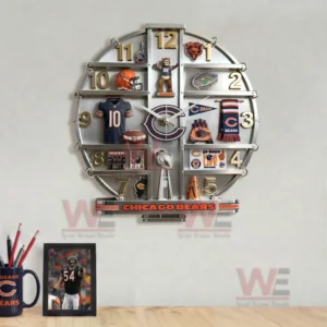 Chicago Bears Home Decorative 3D Wall Clock 8 Chicago Bears wall clock above a desk with framed football photo mug and clean workspace decor!