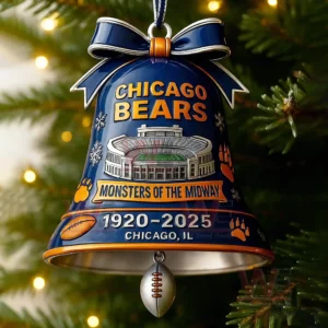 Chicago Bears Christmas bell ornament with stadium design hanging on a tree surrounded by holiday lights!