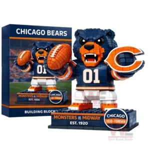 Chicago Bears building block set with a bear mascot figure holding a football and the Chicago Bears C logo in front of the product box.