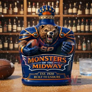 Commemorative Monsters of the Midway whiskey bottle with armored bear figure football crown stopper and bold team themed design on a bar!