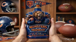 Monsters of the Midway whiskey bottle with roaring bear figure and crown stopper held in a Chicago Bears themed display room!