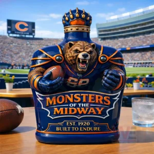 Monsters of the Midway whiskey bottle with roaring bear warrior and crown stopper placed on a table inside a football stadium!