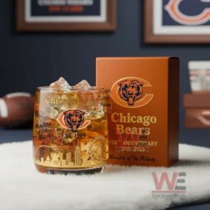 Chicago Bears branded glass and box placed on a white surface with football themed decor in the background!