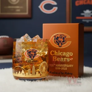 Chicago Bears Monsters Of The Midway Whiskey Glass 5 Chicago Bears themed glass and matching box displayed on a soft white surface with team wall art in the background!