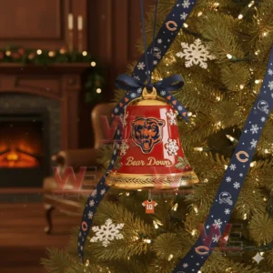 Chicago Bears NFL Bear Down Christmas Bell Ornament 4 A red and gold Chicago Bears bell ornament with winter designs hanging on a decorated Christmas tree!