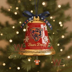 Chicago Bears NFL Bear Down Christmas Bell Ornament 5 A close up of a red Chicago Bears holiday bell ornament with snowflake and pine details and a hanging jersey charm!
