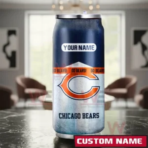 Chicago Bears NFL Personalized Can Tumbler 5 A custom Chicago Bears can shaped tumbler placed inside a living room setting with strong team colors and an area for name personalization!