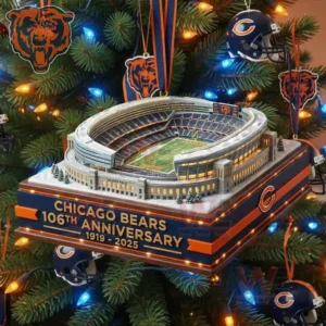 Chicago Bears Soldier Field anniversary stadium ornament hanging on a festive Christmas tree surrounded by team themed decorations!