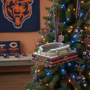 Chicago Bears Soldier Field 106th Anniversary Ornament 4 Chicago Bears Soldier Field anniversary ornament displayed on a Christmas tree inside a room decorated with Bears logos and memorabilia!