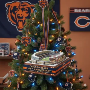 Chicago Bears Soldier Field 106th Anniversary Ornament 5 Chicago Bears Soldier Field anniversary stadium ornament hanging at the center of a Christmas tree with Bears themed decorations and lights!