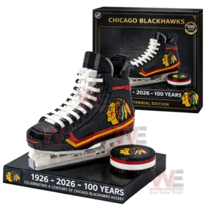 Building block ice skate model in black red and yellow with Chicago Blackhawks logo on a display base celebrating one hundred years of hockey!
