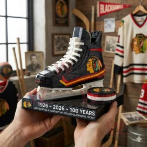 Chicago Blackhawks 100 years of legendary hockey Building Block Set 3 Hands holding a Chicago Blackhawks building block ice skate model inside a hockey themed room with jerseys and equipment!