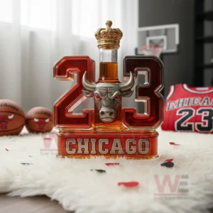 A decorative bottle shaped as the number twenty three with a central bull head and a crown placed in a sports themed interior!