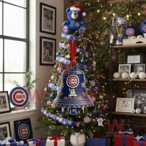 Chicago Cubs 150th Anniversary 1876-2026 Christmas Bell Ornament 4 A blue and gold Chicago Cubs holiday bell ornament hanging on a Christmas tree in a team themed setting!