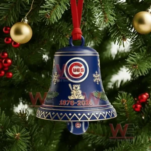 Chicago Cubs 150th Anniversary 1876-2026 Christmas Bell Ornament 5 A close up of a blue Chicago Cubs anniversary bell ornament with snowflakes gold accents and a bear motif!
