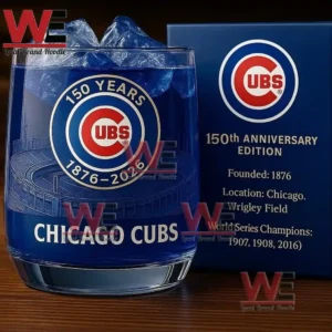 A Chicago Cubs one hundred fifty year anniversary glass with blue ice beside a commemorative blue box showing team history!