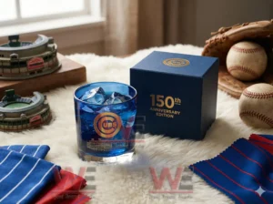 Chicago Cubs 150th Anniversary 1876-2026 Whiskey Glass 6 A Chicago Cubs anniversary glass with blue ice next to a blue edition box on a soft surface with baseball items around it!