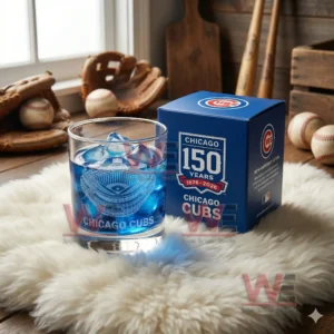 Chicago Cubs 150th Anniversary 1876-2026 Whiskey Glass 7 A Chicago Cubs one hundred fifty year anniversary glass with blue ice beside a blue box surrounded by baseball equipment!