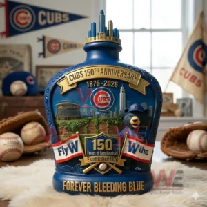 Blue commemorative bottle featuring Chicago Cubs themed artwork skyline elements and baseball imagery placed in a cozy sports themed room!