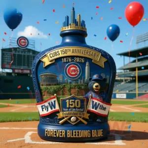 Chicago Cubs 150Th Anniversary Forever Bleeding Blue Whiskey Bottle 3 Chicago Cubs themed blue commemorative bottle positioned on a baseball field with stadium background balloons and celebration details!