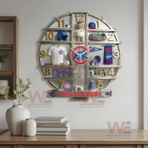 Chicago Cubs home decorative wall clock showcased in a modern living area with neutral tones and organized decor!
