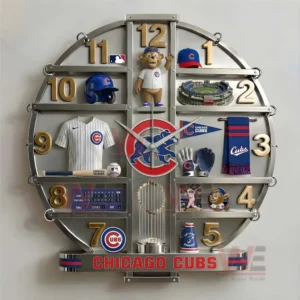 Chicago Cubs decorative wall clock presented as a premium statement piece for baseball fans and collectors!