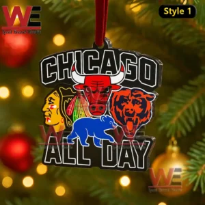 Chicago sports themed Christmas ornament hanging on a green tree with glowing lights!