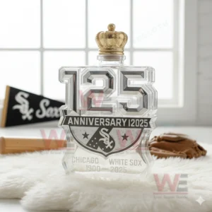 Anniversary bottle with reflective numbers and gold crown cap surrounded by baseball themed elements.
