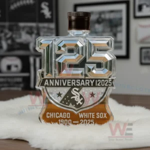 Anniversary bottle with reflective sculpted numbers and White Sox emblem positioned in a sports display setting.