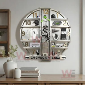 Chicago White Sox themed wall clock with baseball memorabilia and mascot displayed on circular shelves!
