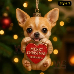 Chihuahua ornament holding a red heart with Merry Christmas Chihuahua in front of Christmas lights!