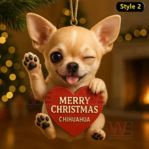 Winking Chihuahua ornament holding a red heart with Merry Christmas Chihuahua in front of warm lights!