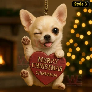 Chihuahua ornament winking and holding a red heart with Merry Christmas Chihuahua near a Christmas tree!