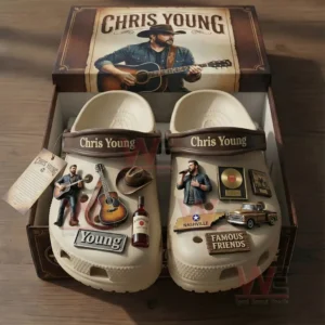 Beige clogs placed inside a branded box featuring Chris Young themed charms inspired by country music and stage life!
