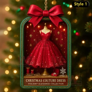 A red glittering Christmas dress on a mannequin inside a framed holiday ornament with lights and sewing tools!