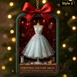 An icy blue sparkling dress on a mannequin inside a winter themed ornament frame with snowflakes and lights!