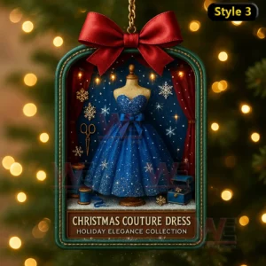 A deep blue glitter dress on a mannequin inside a Christmas ornament frame with snowflakes and sewing elements!