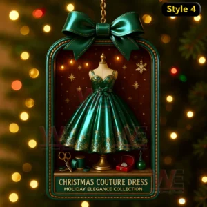 An emerald green shiny dress on a mannequin inside a festive ornament frame with lights and sewing items!
