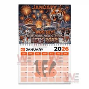 Roaring tiger above stadium with fireworks and players on a snowy field for January 2026.