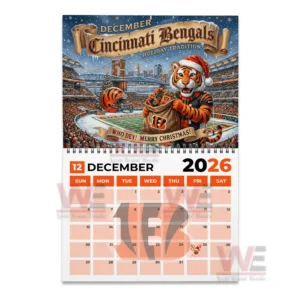 Tiger mascot in Santa hat holding gifts in a snowy football stadium for December 2026.