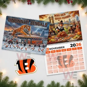 Bengals 2026 calendar cover and Thanksgiving themed November page shown together.