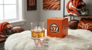 A Bengals anniversary glass and box arranged in a themed room with helmets footballs and wall art!